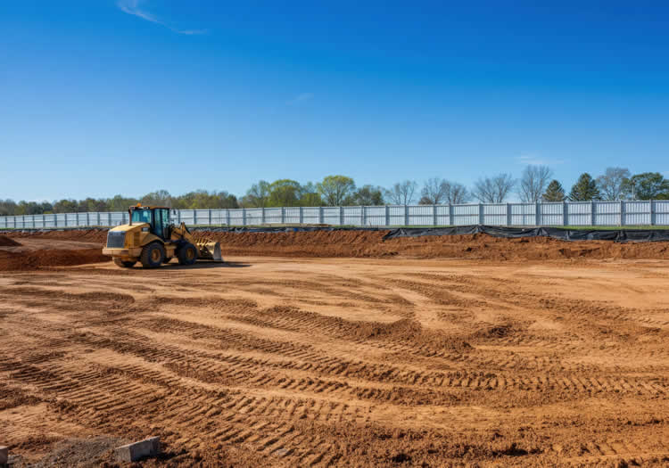 Bulldozer leveling dirt at construction site
