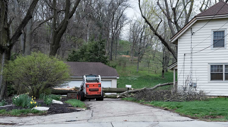 Bulldozer clearing fallen tree near suburban house