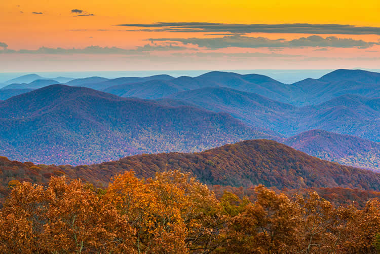 Sunset over Blue Ridge Mountains in autumn