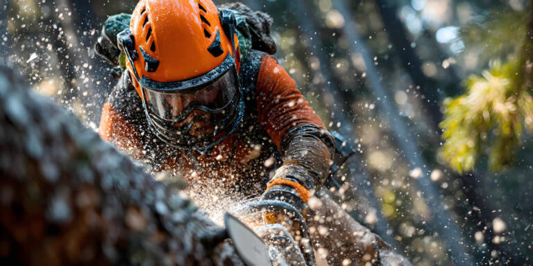 Lumberjack cutting tree with chainsaw in forest
